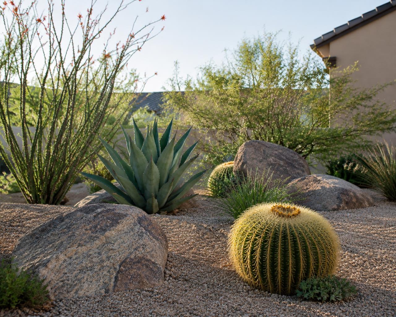 Desert garden with boulders, golden barrel cactus, agave and ocotillo in tan gravel