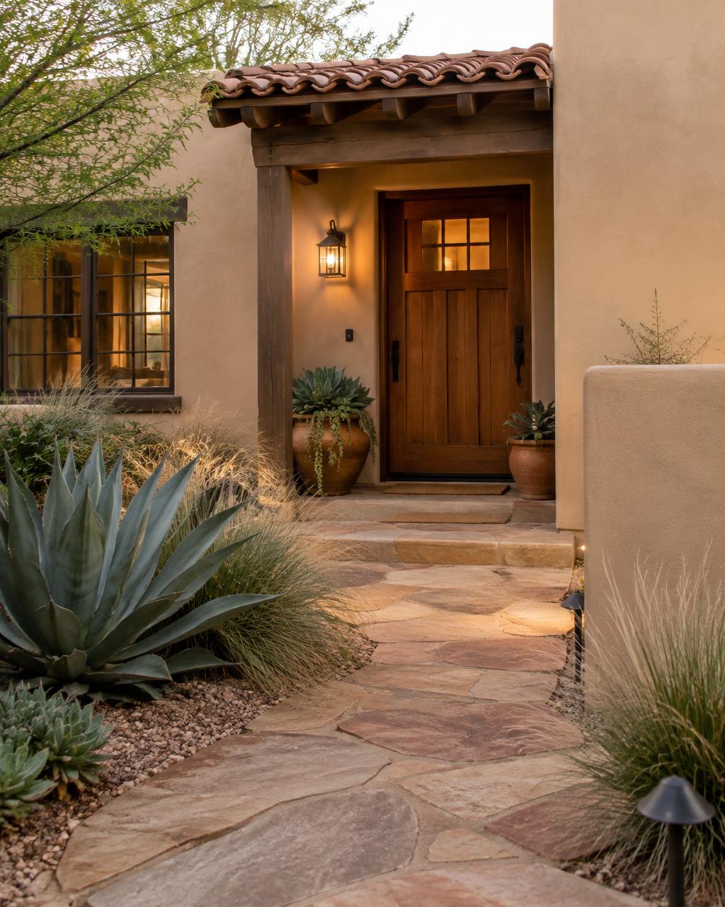 Stucco home entrance with a flagstone path, agave, potted succulents and ornamental grasses