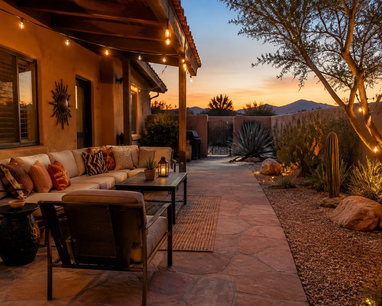 Backyard patio at dusk with cushioned seating, string lights and desert plants