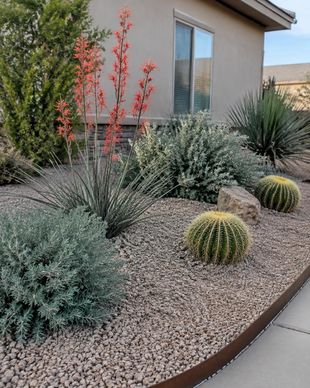 Gravel planting bed with red yucca, sage and barrel cactus behind steel edging