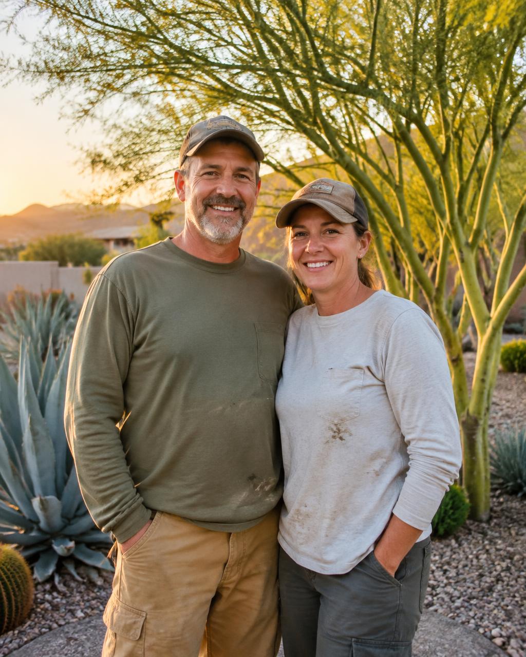 Husband and wife landscapers smiling together in a desert garden at sunset